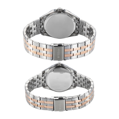 Titan Silver White Dial Two Toned Stainless Steel Strap Analog with Date Watch for Couple