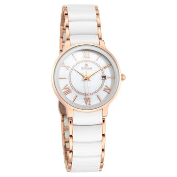 Titan Quartz Analog with Date Mother of Pearl Dial Stainless Steel & Ceramic Strap Watch for Women