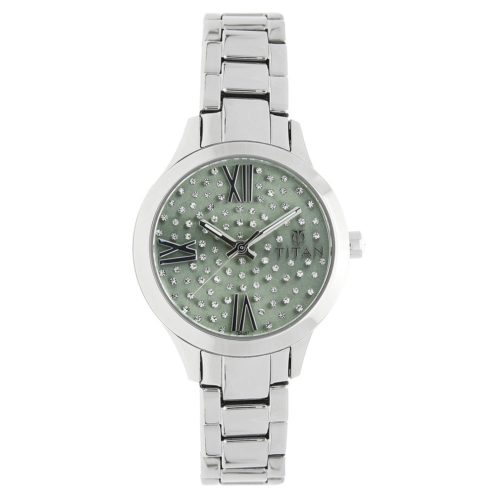 Titan Quartz Analog Green Dial Stainless Steel Strap Watch for Women