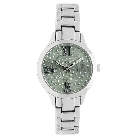 Titan Quartz Analog Green Dial Stainless Steel Strap Watch for Women
