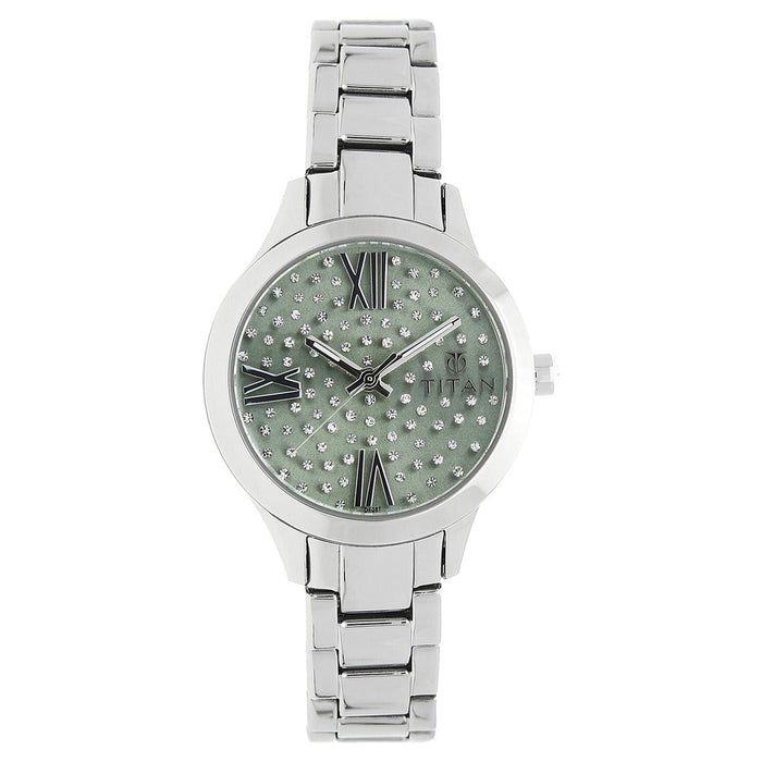 Titan Quartz Analog Green Dial Stainless Steel Strap Watch for Women