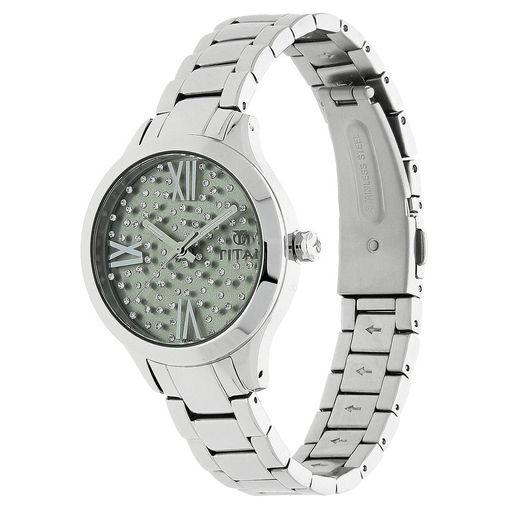 Titan Quartz Analog Green Dial Stainless Steel Strap Watch for Women