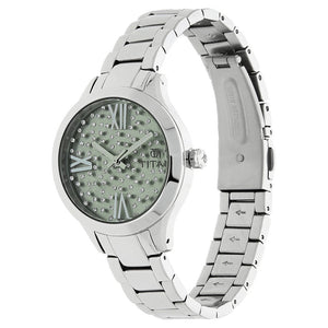 Titan Quartz Analog Green Dial Stainless Steel Strap Watch for Women