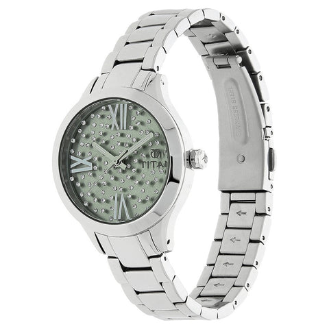 Titan Quartz Analog Green Dial Stainless Steel Strap Watch for Women