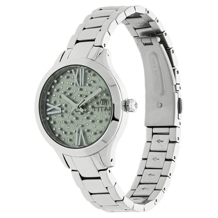 Titan Quartz Analog Green Dial Stainless Steel Strap Watch for Women