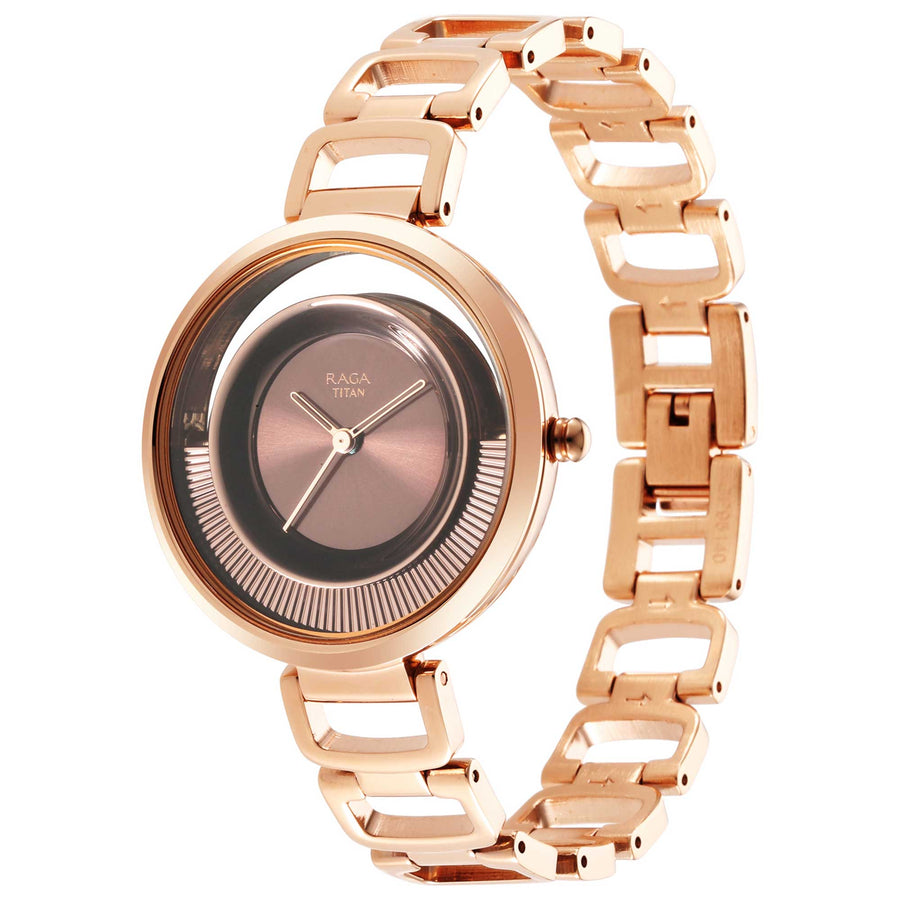 Titan Raga Brown Dial Rose Gold Metal Strap Analog Watch for Women