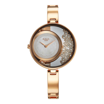 Titan Raga Power Pearls Quartz Analog White Dial Metal Strap Watch for Women 95224WM01