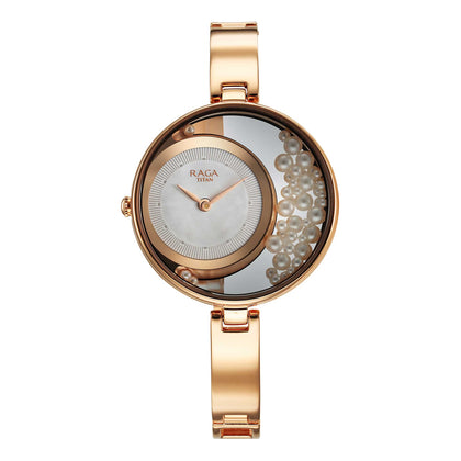 Titan Raga Power Pearls Quartz Analog White Dial Metal Strap Watch for Women 95224WM01
