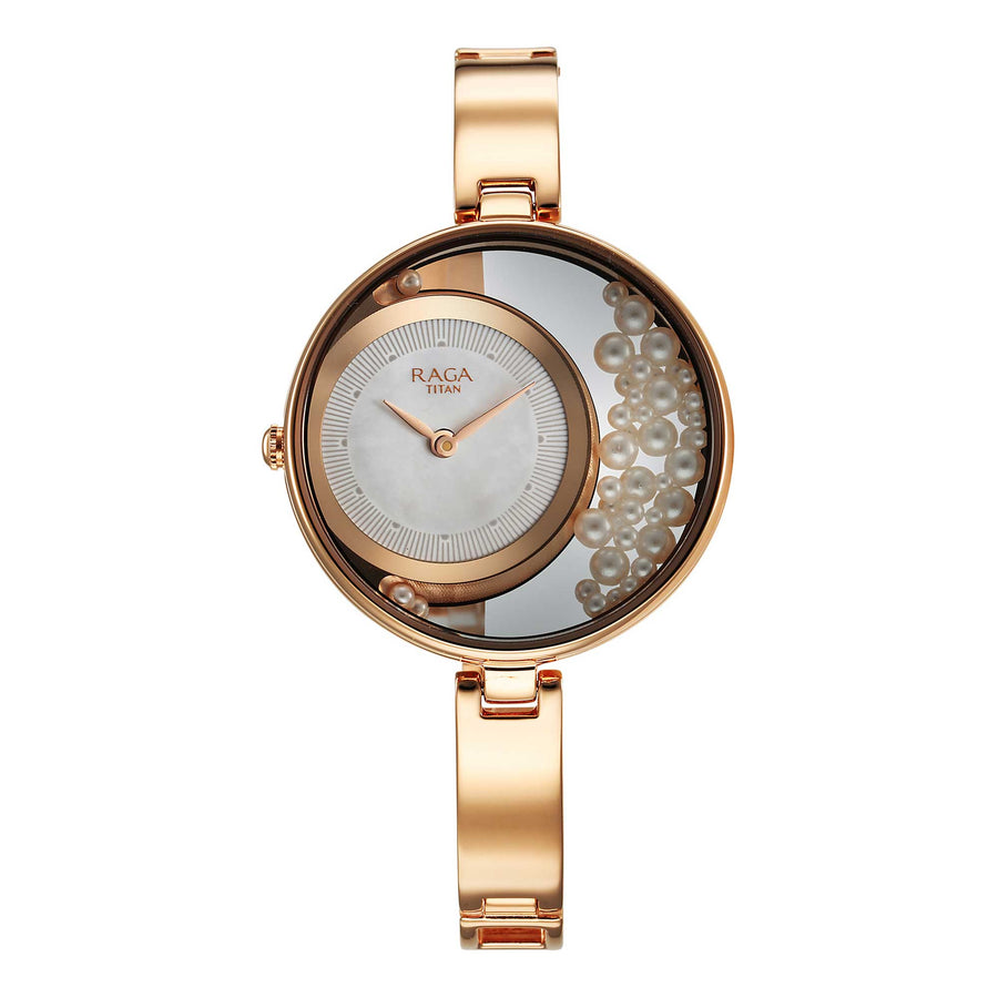 Titan Raga Power Pearls Quartz Analog White Dial Metal Strap Watch for Women 95224WM01
