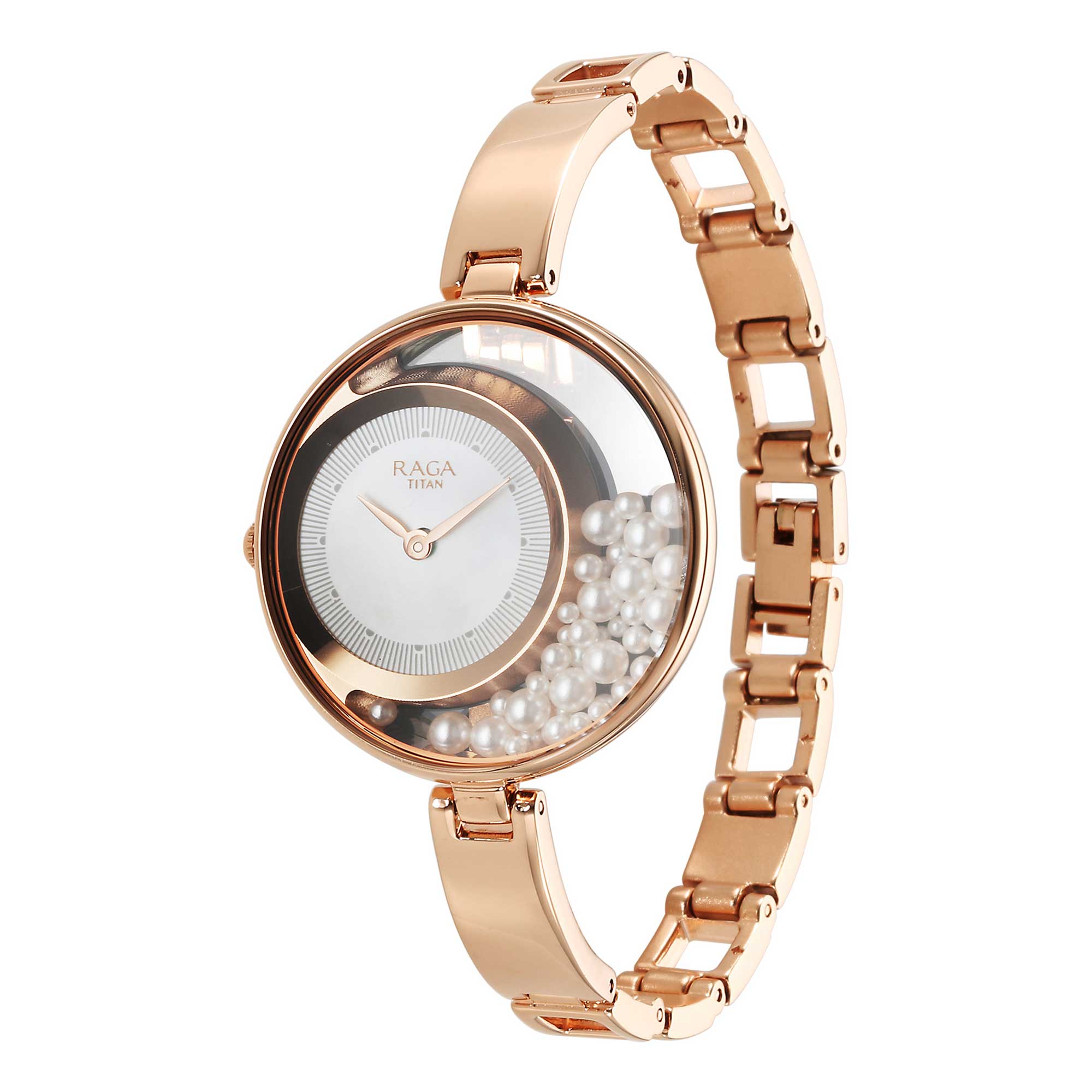Titan Raga Power Pearls Quartz Analog White Dial Metal Strap Watch for Women 95224WM01