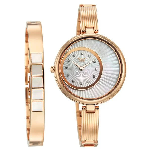 Titan Raga Mother of Pearl Dial Rose Gold Metal Strap Analog Watch for Women