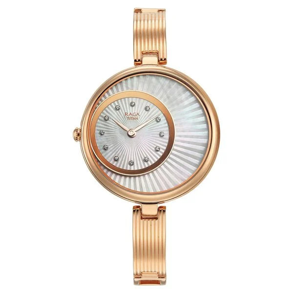 Titan Raga Mother of Pearl Dial Rose Gold Metal Strap Analog Watch for Women