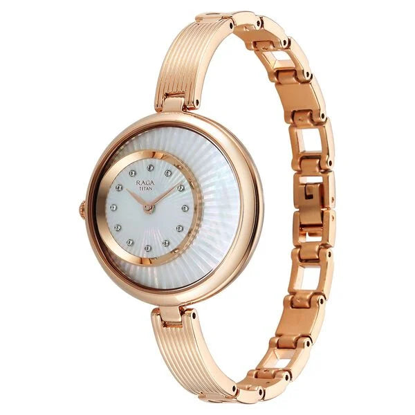Titan Raga Mother of Pearl Dial Rose Gold Metal Strap Analog Watch for Women