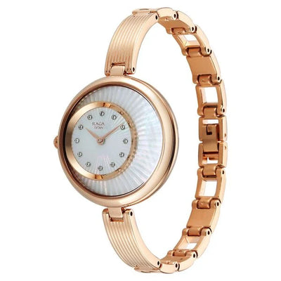 Titan Raga Mother of Pearl Dial Rose Gold Metal Strap Analog Watch for Women