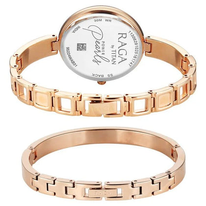 Titan Raga Mother of Pearl Dial Rose Gold Metal Strap Analog Watch for Women