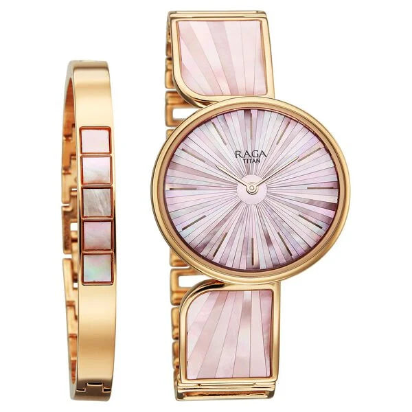 Titan Raga Mother of Pearl Dial Rose Gold Metal Strap Analog Watch for Women
