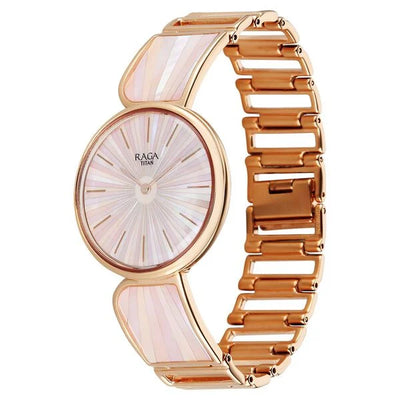 Titan Raga Mother of Pearl Dial Rose Gold Metal Strap Analog Watch for Women