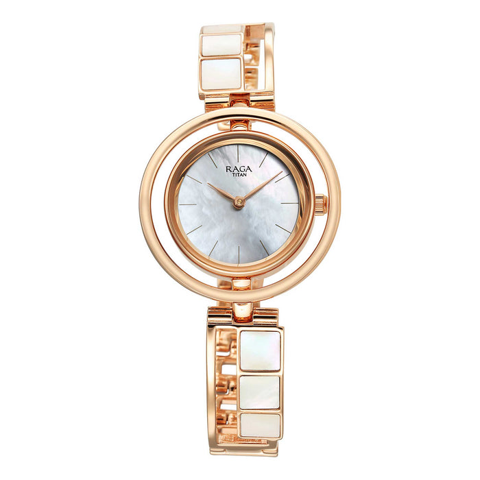 Titan Raga Power Pearls Quartz Analog Mother Of Pearl Dial Rose Gold Metal Strap Watch for Women
