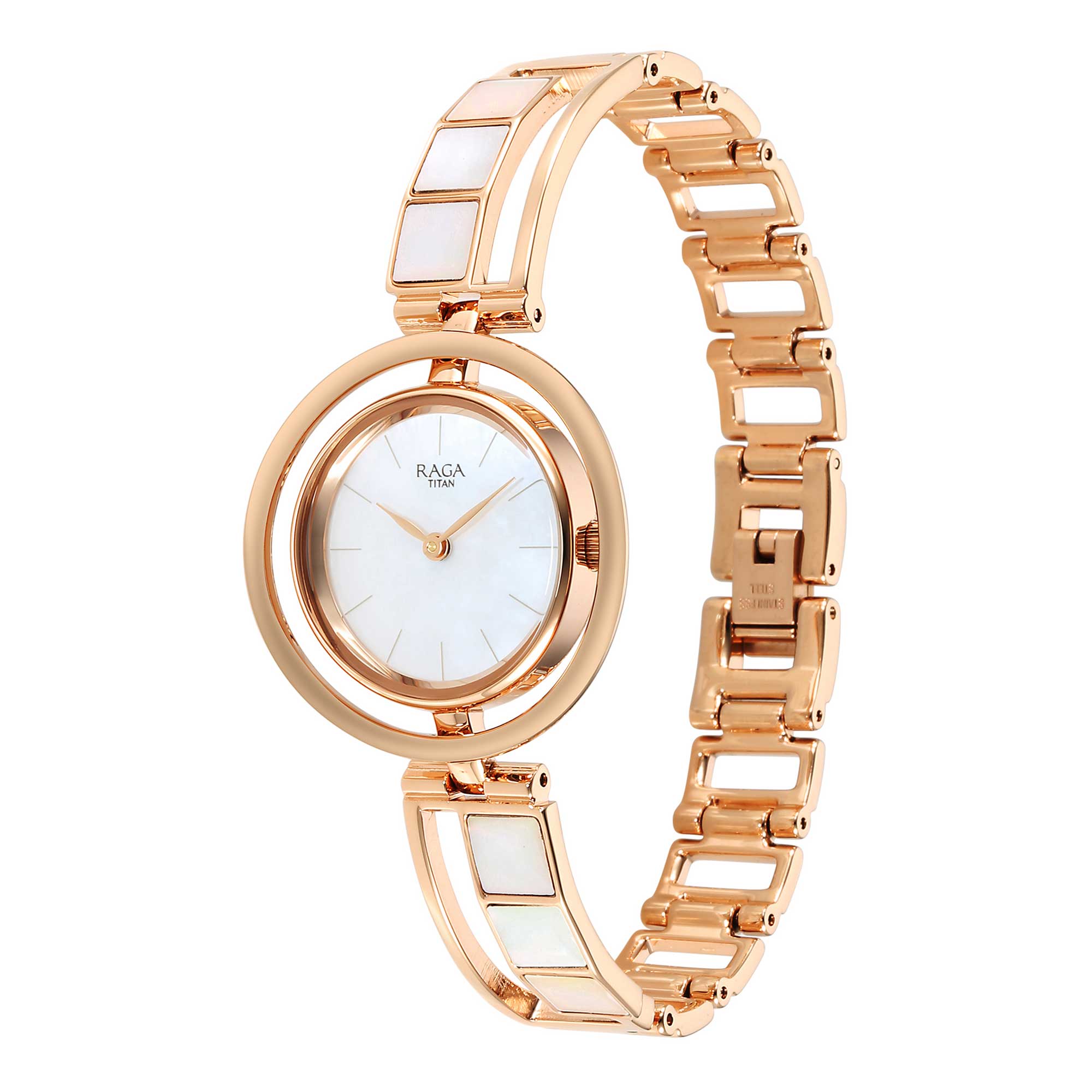 Titan Raga Power Pearls Quartz Analog Mother Of Pearl Dial Rose Gold Metal Strap Watch for Women