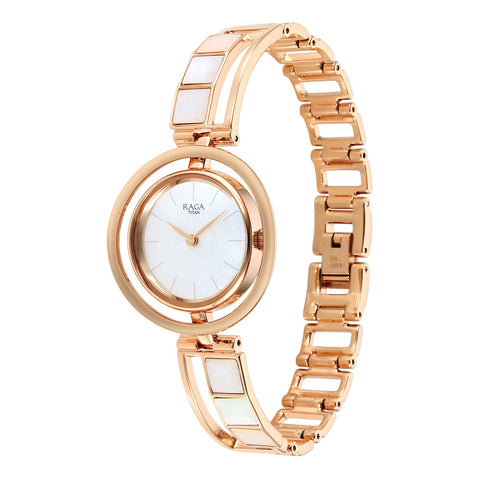 Titan Raga Power Pearls Quartz Analog Mother Of Pearl Dial Rose Gold Metal Strap Watch for Women
