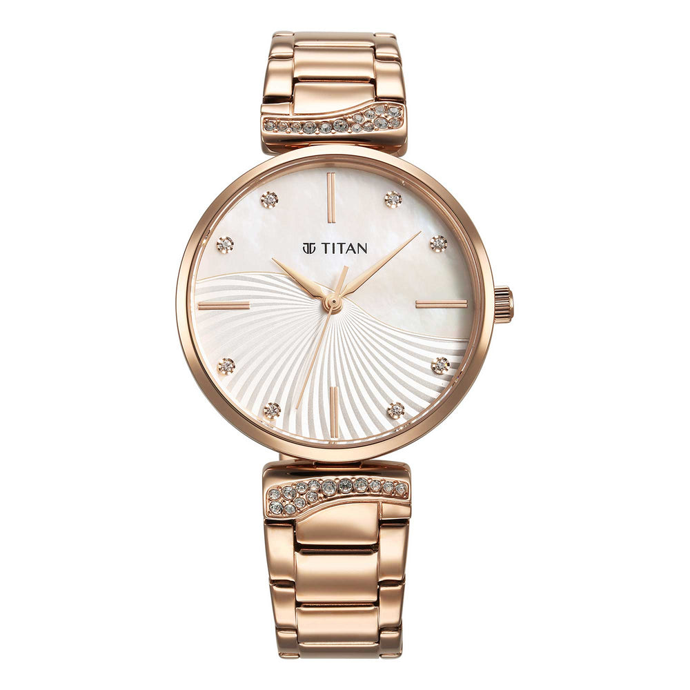 Titan Purple Style Up Quartz Analog Mother Of Pearl Dial Stainless Steel Strap Watch for Women 95237WM01
