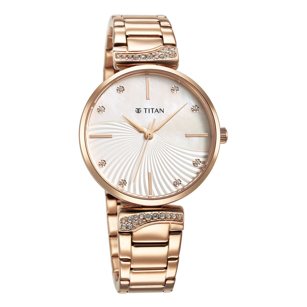 Titan Purple Style Up Quartz Analog Mother Of Pearl Dial Stainless Steel Strap Watch for Women 95237WM01