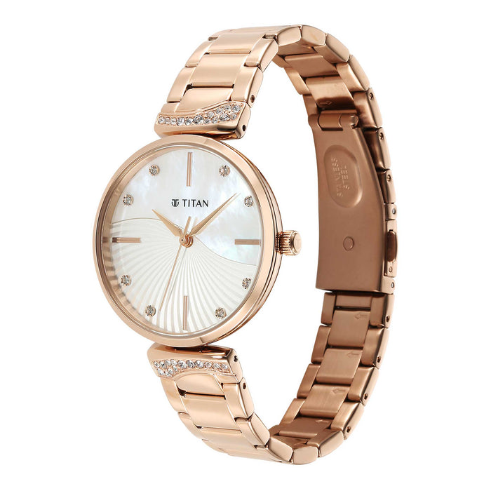 Titan Purple Style Up Quartz Analog Mother Of Pearl Dial Stainless Steel Strap Watch for Women 95237WM01