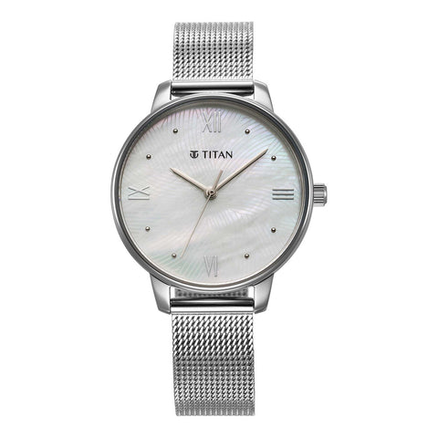 Titan Purple Style Up Quartz Analog Mother Of Pearl Dial Stainless Steel Strap Watch for Women