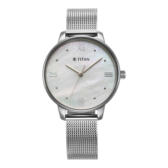 Titan Purple Style Up Quartz Analog Mother Of Pearl Dial Stainless Steel Strap Watch for Women