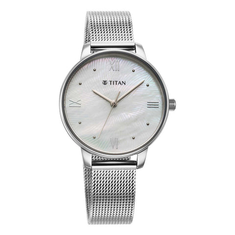 Titan Purple Style Up Quartz Analog Mother Of Pearl Dial Stainless Steel Strap Watch for Women