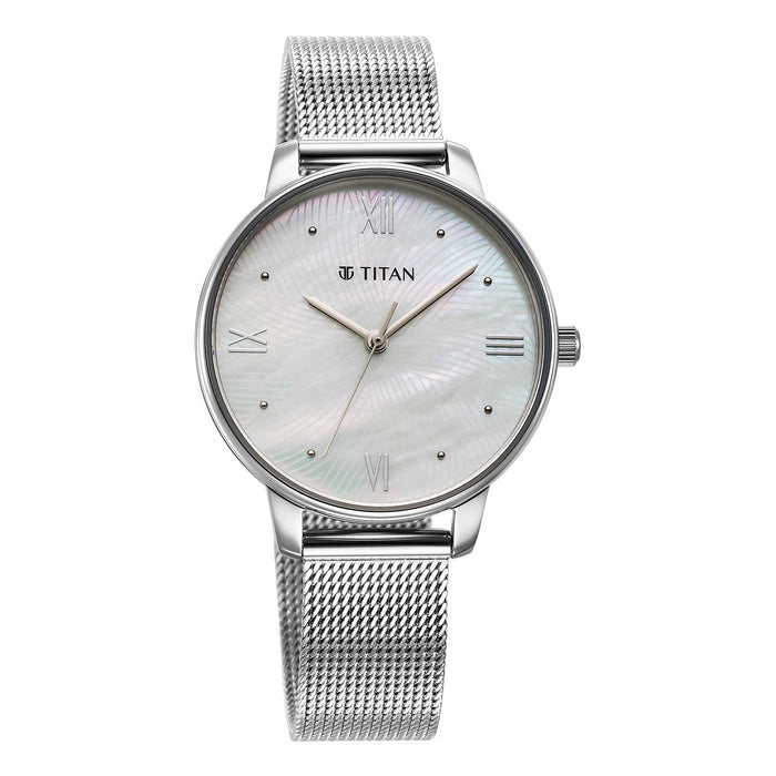 Titan Purple Style Up Quartz Analog Mother Of Pearl Dial Stainless Steel Strap Watch for Women