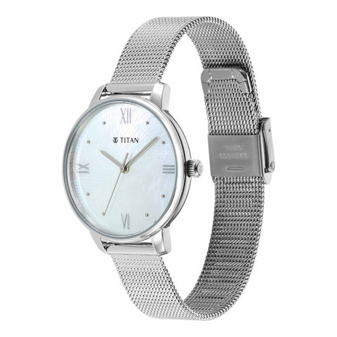 Titan Purple Style Up Quartz Analog Mother Of Pearl Dial Stainless Steel Strap Watch for Women