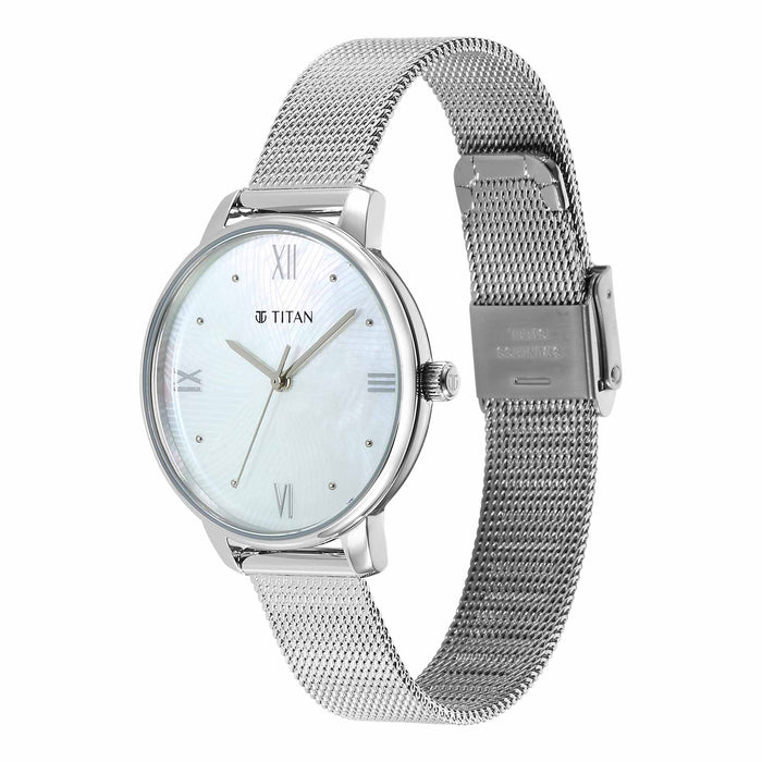 Titan Purple Style Up Quartz Analog Mother Of Pearl Dial Stainless Steel Strap Watch for Women