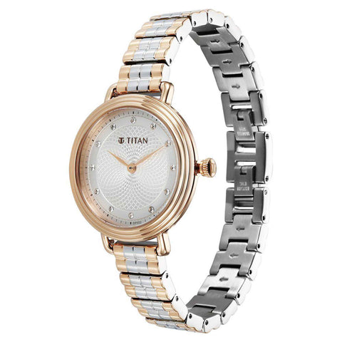 Titan Aura Quartz Analog Silver Dial Stainless Steel Strap Watch for Women