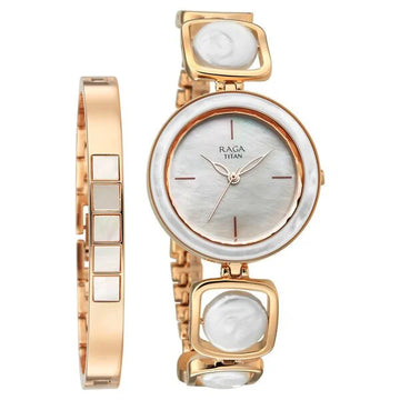 Titan Raga Mother of Pearl Dial Rose Gold Metal Strap Analog Watch for Women