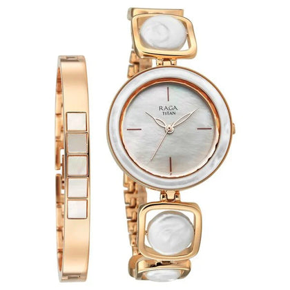 Titan Raga Mother of Pearl Dial Rose Gold Metal Strap Analog Watch for Women