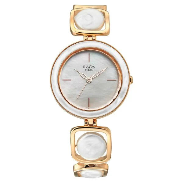 Titan Raga Mother of Pearl Dial Rose Gold Metal Strap Analog Watch for Women