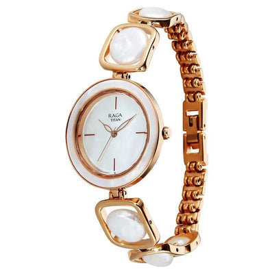 Titan Raga Mother of Pearl Dial Rose Gold Metal Strap Analog Watch for Women