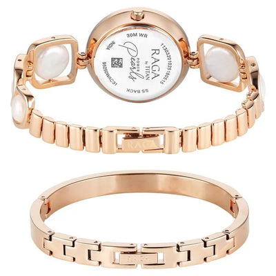 Titan Raga Mother of Pearl Dial Rose Gold Metal Strap Analog Watch for Women