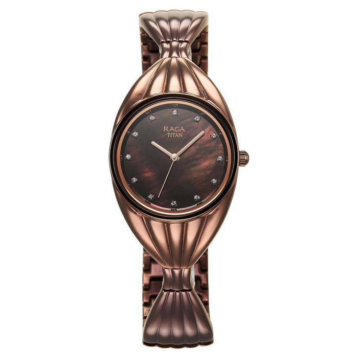 Titan Raga Memoirs Quartz Analog Mother Of Pearl Dial With Brown Metal Strap Watch For Women