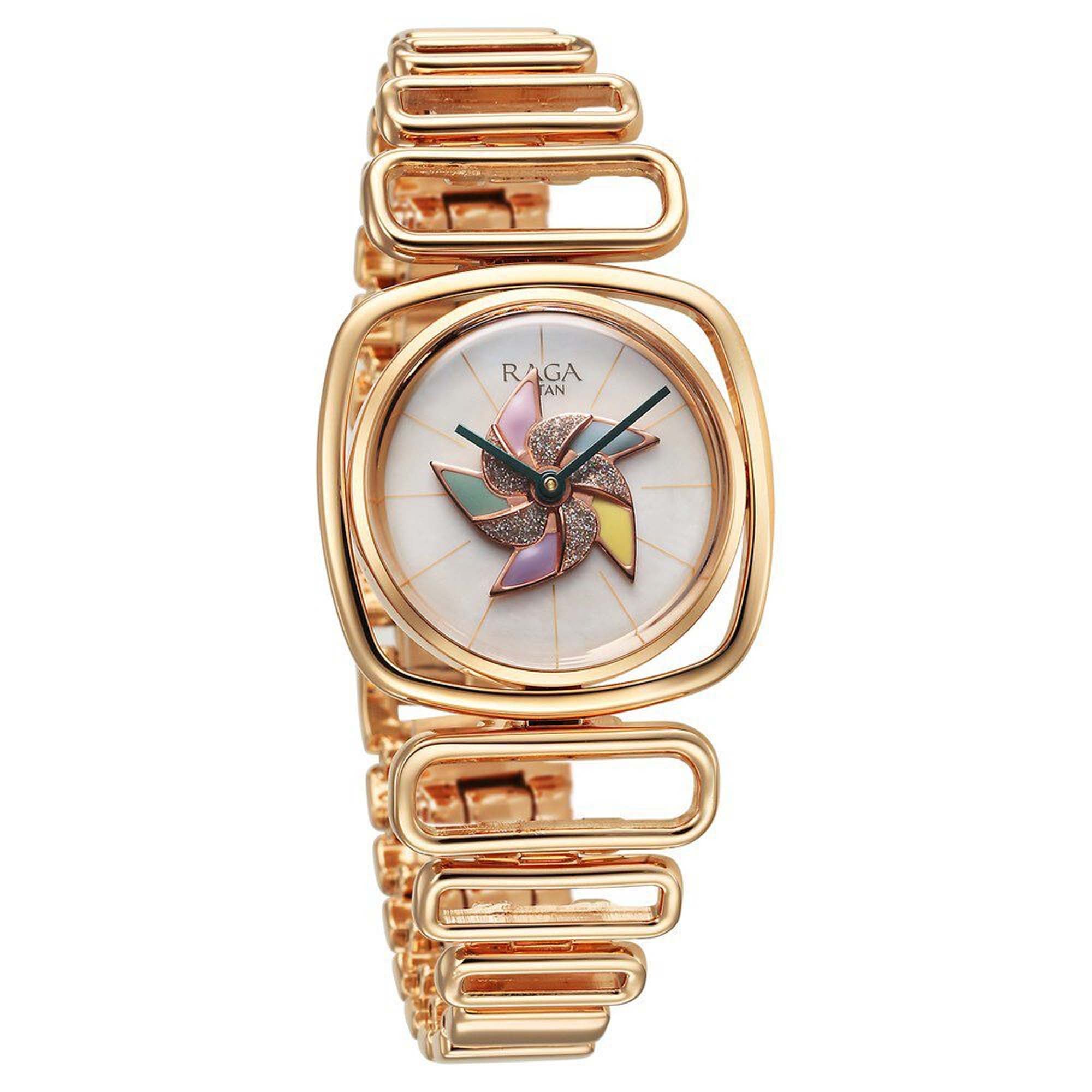 Titan Raga Memoirs Pinwheel Quartz Analog Mother of Pearl Dial With Rose Gold Color Metal Strap Watch For Women