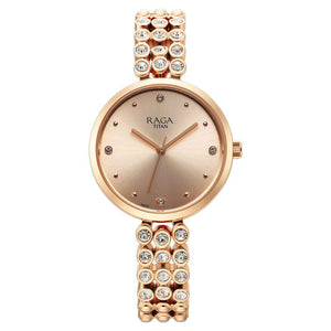 Titan Raga Showstopper Quartz Alog Rose Gold Dial Metal Strap Watch for Women