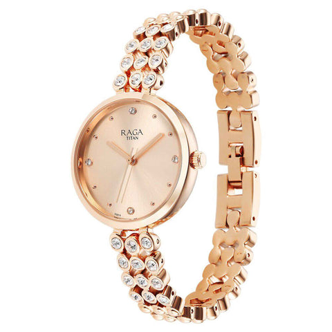 Titan Raga Showstopper Quartz Alog Rose Gold Dial Metal Strap Watch for Women