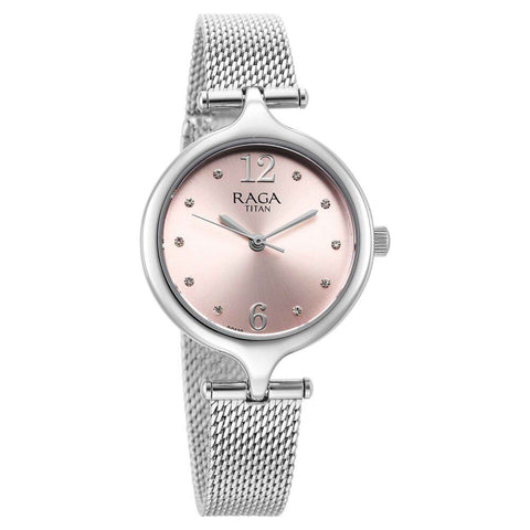 Titan Raga Showstopper Quartz Alog Pink Dial Metal Strap Watch for Women