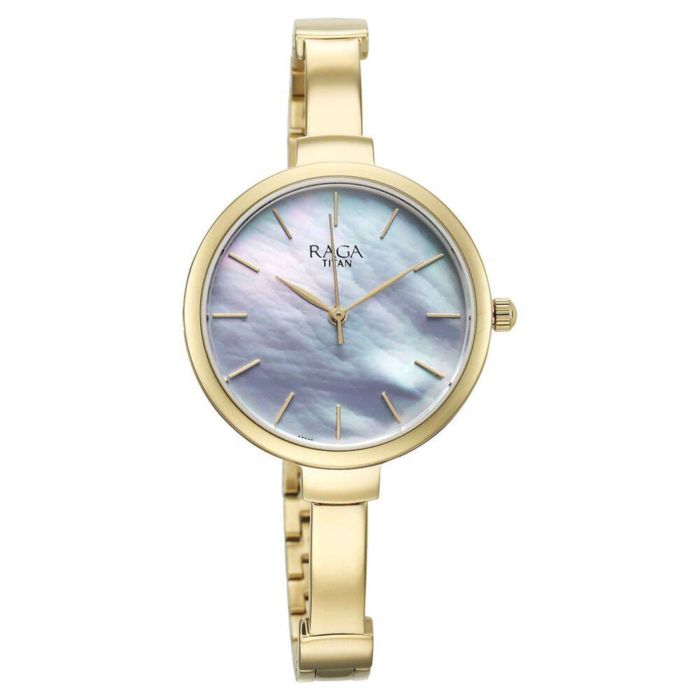 Titan Raga Mother of Pearl Dial Golden Metal Strap Analog Watch for Women
