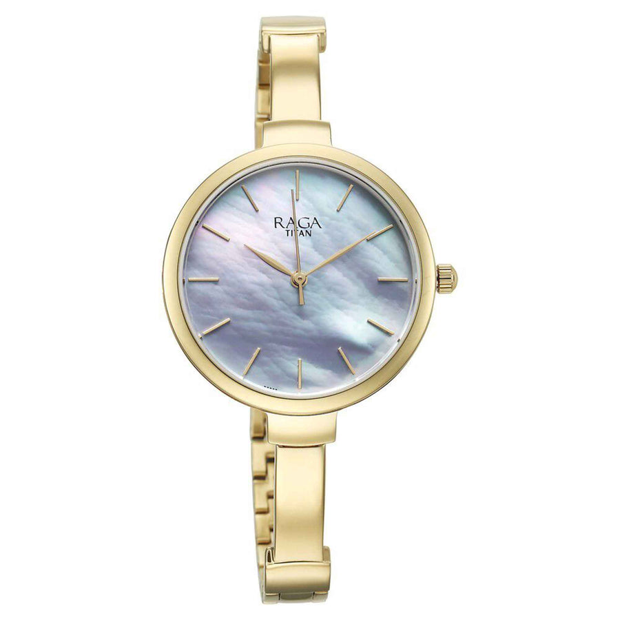 Titan Raga Mother of Pearl Dial Golden Metal Strap Analog Watch for Women