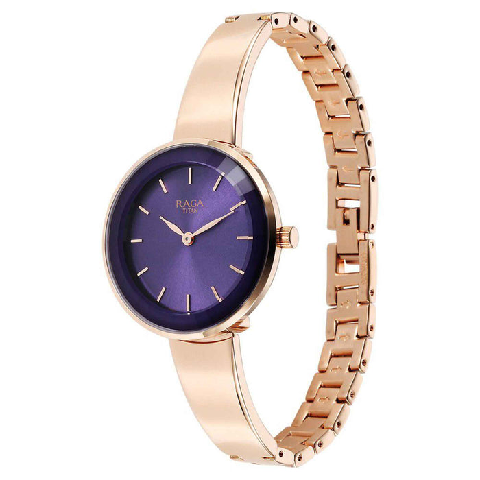 Titan Raga Showstopper Quartz Analog Purple Round Dial Rose Gold Metal Strap Watch For Women
