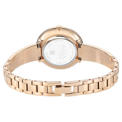 Titan Raga Showstopper Quartz Analog Purple Round Dial Rose Gold Metal Strap Watch For Women