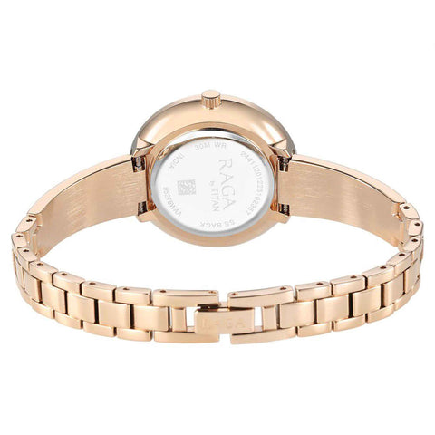 Titan Raga Showstopper Quartz Analog Purple Round Dial Rose Gold Metal Strap Watch For Women