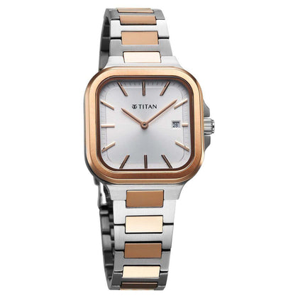 Titan Slim Square Quartz Alog with Date Silver Dial With Two Toned Color Stainless Steel Strap Watch For Women